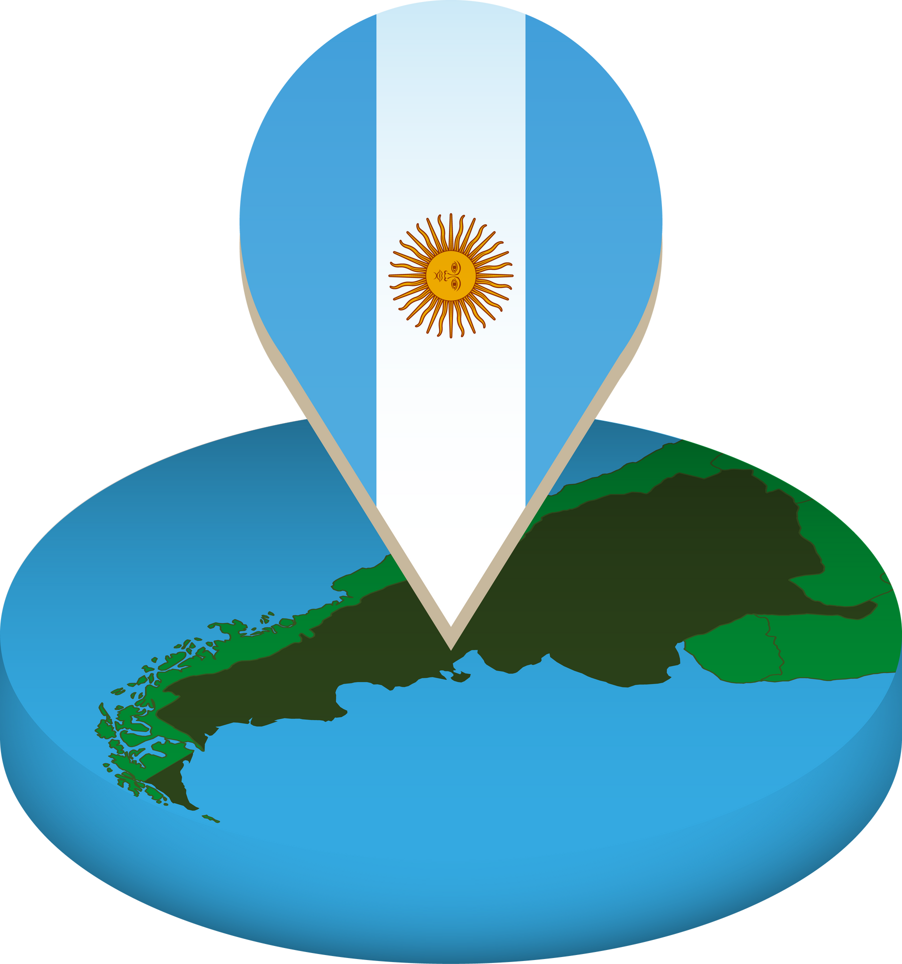 Isometric round map of Argentina with flag.